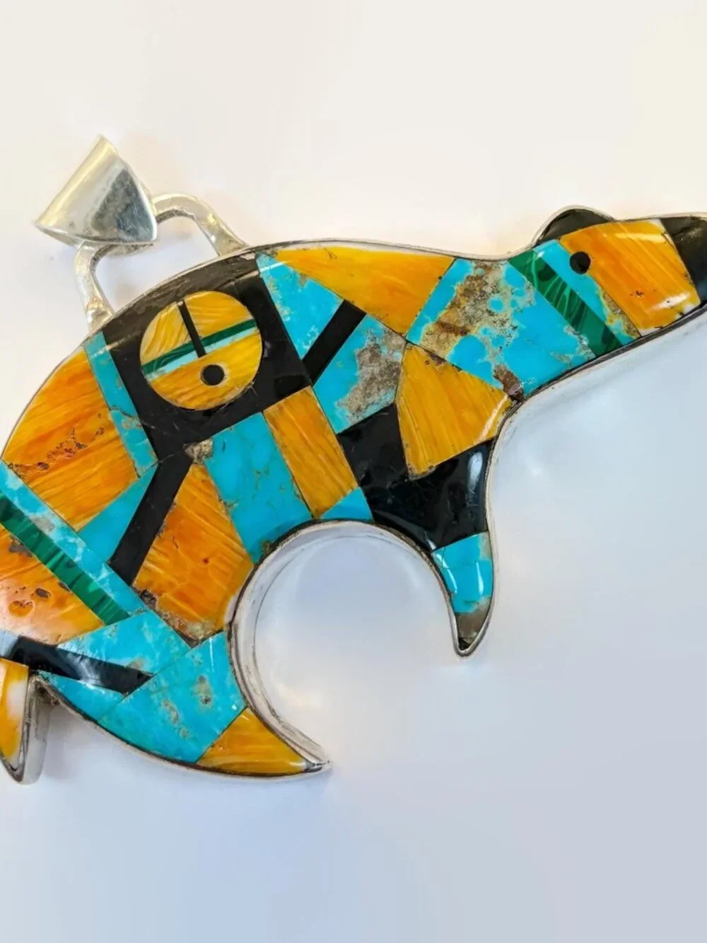 Native American Bear Pendant, Vintage, Sterling Silver, Turquoise, Spiny Oyster